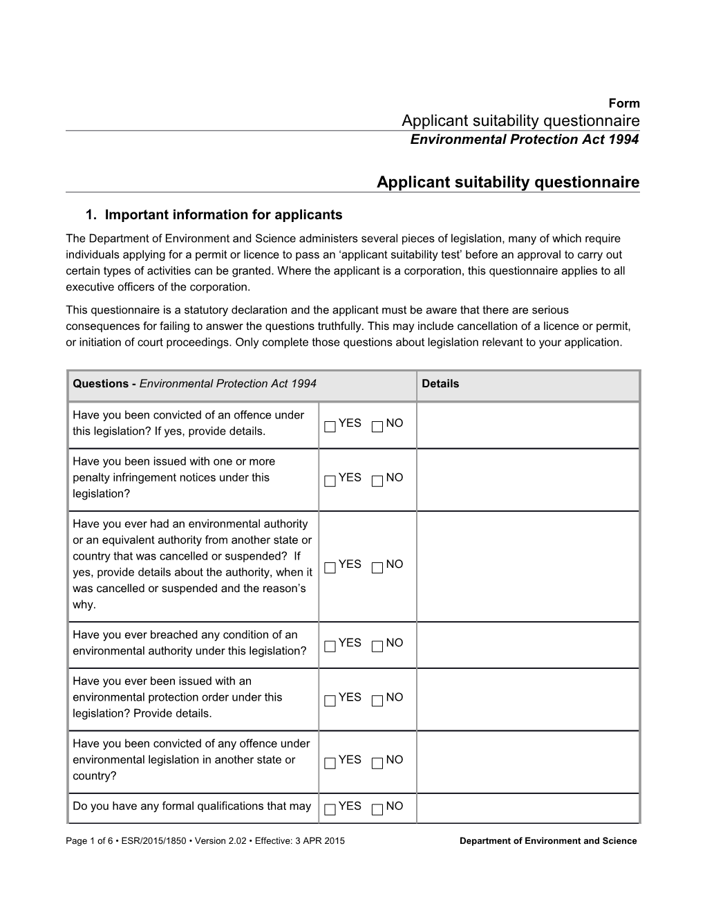 Applicant Suitablility Questionnaire