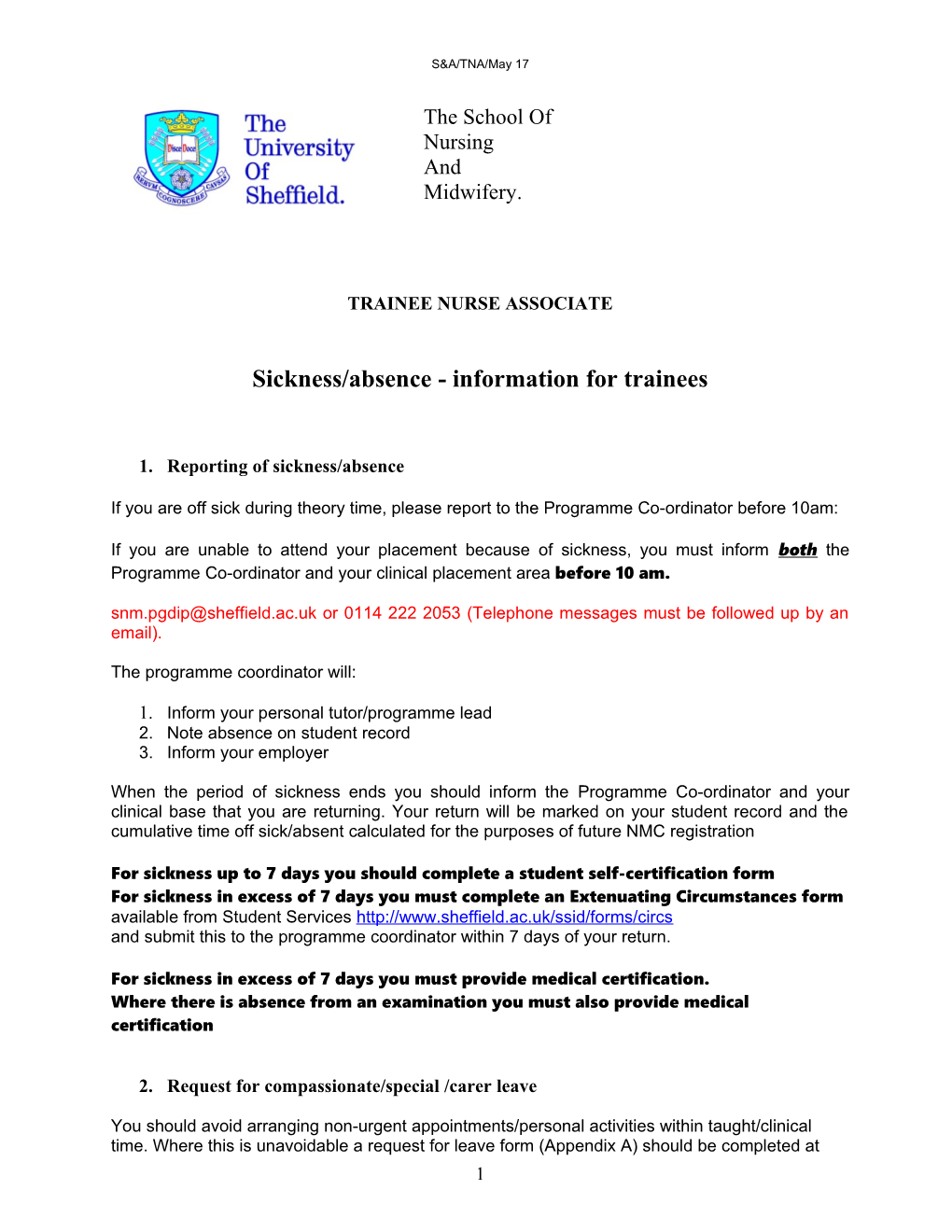 Sickness/Absence - Information for Trainees