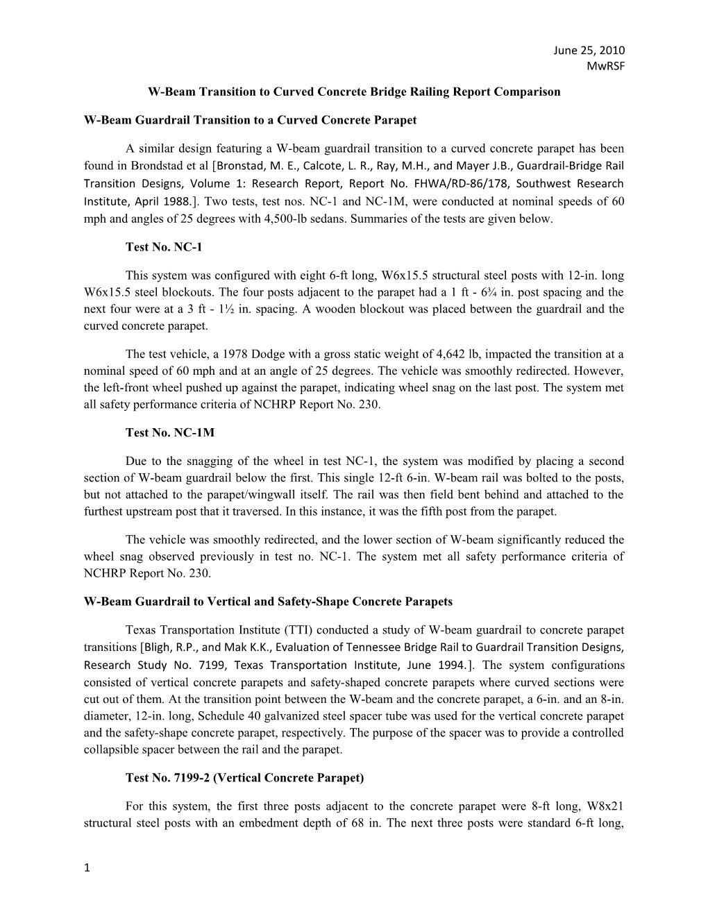 W-Beam Transition to Curved Concrete Bridge Railing Report Comparison