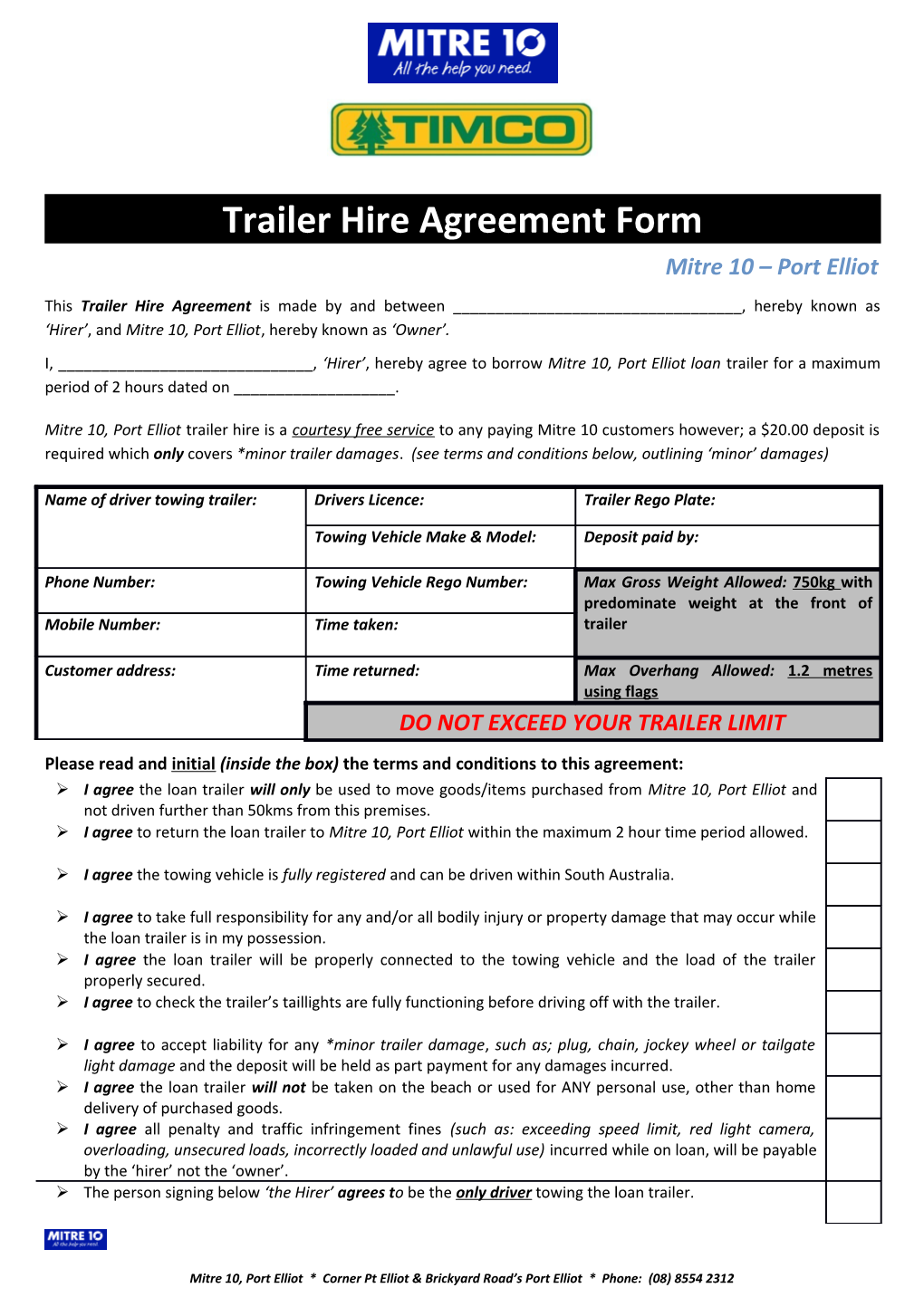 Trailer Hire Agreement Form