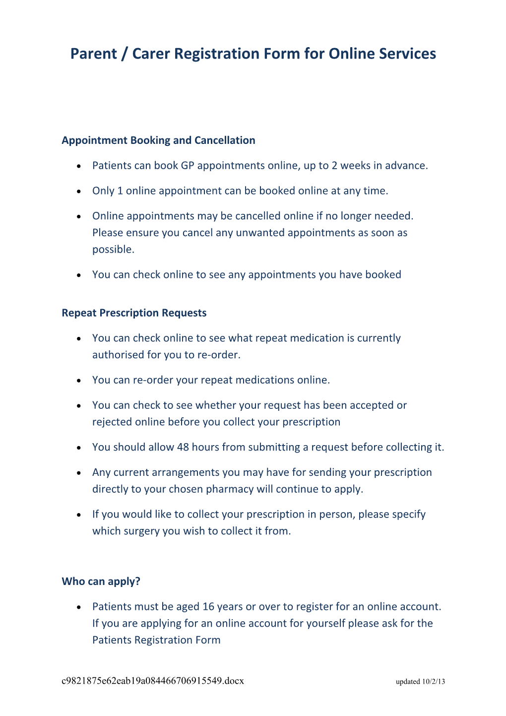 Parent / Carer Registration Form for Online Services