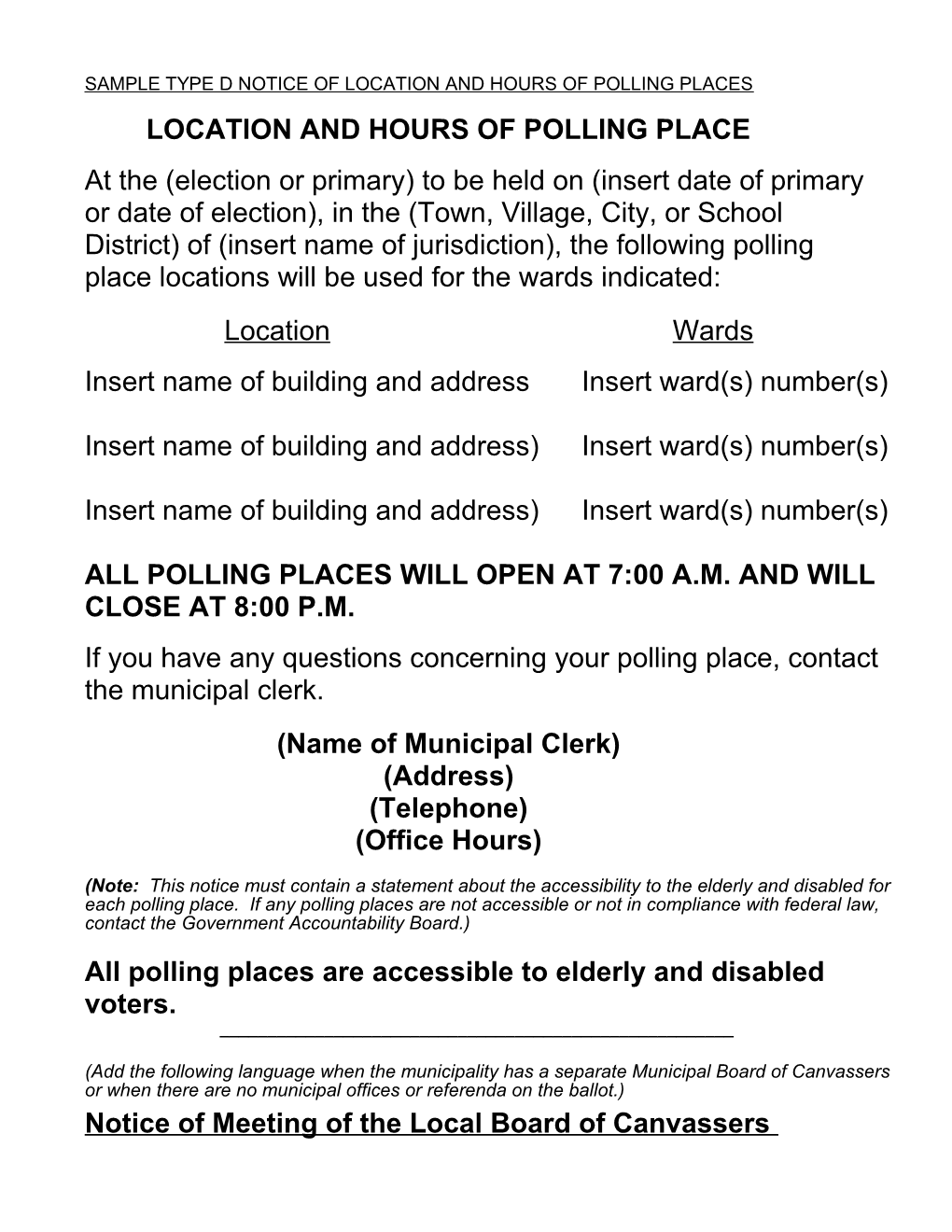 Sample Type D Notice of Location and Hours of Polling Places