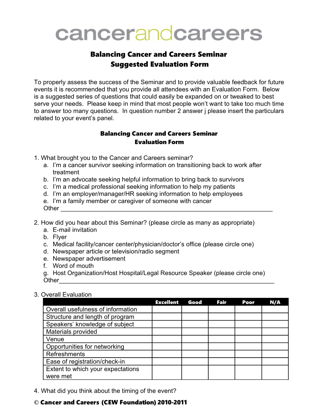 Cancer and Careers Community Seminar Evaluation Form