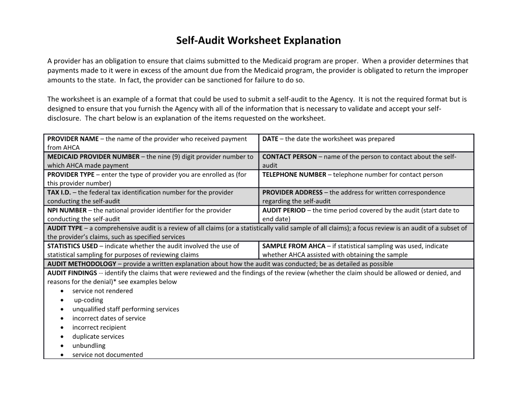 Self-Audit Worksheet Explanation