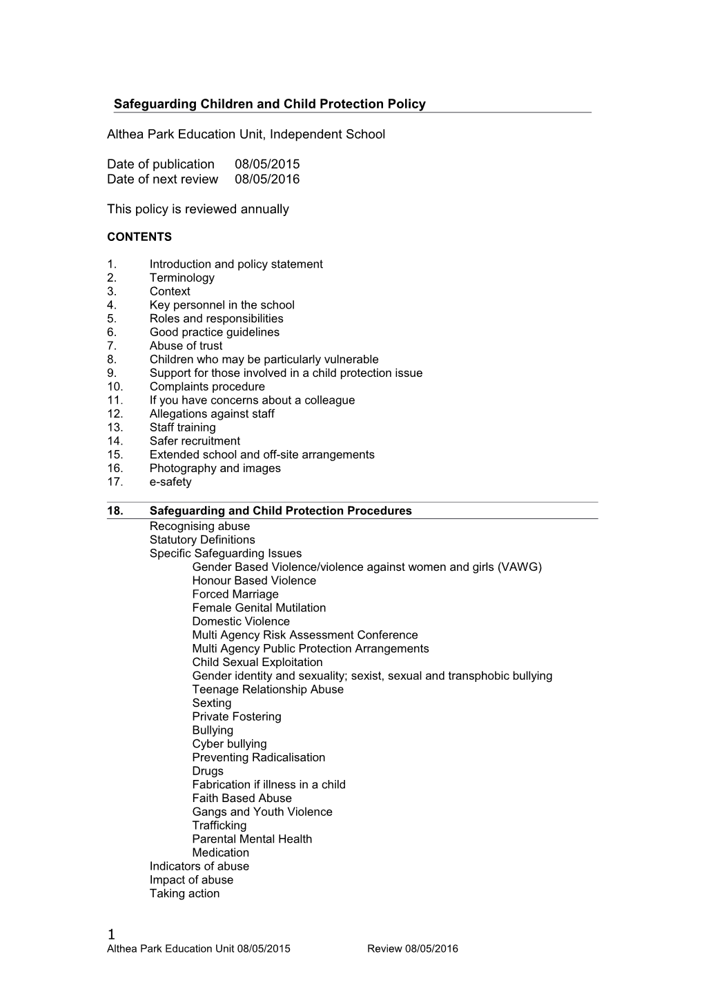 Model School Safeguarding and Child Protection Policy