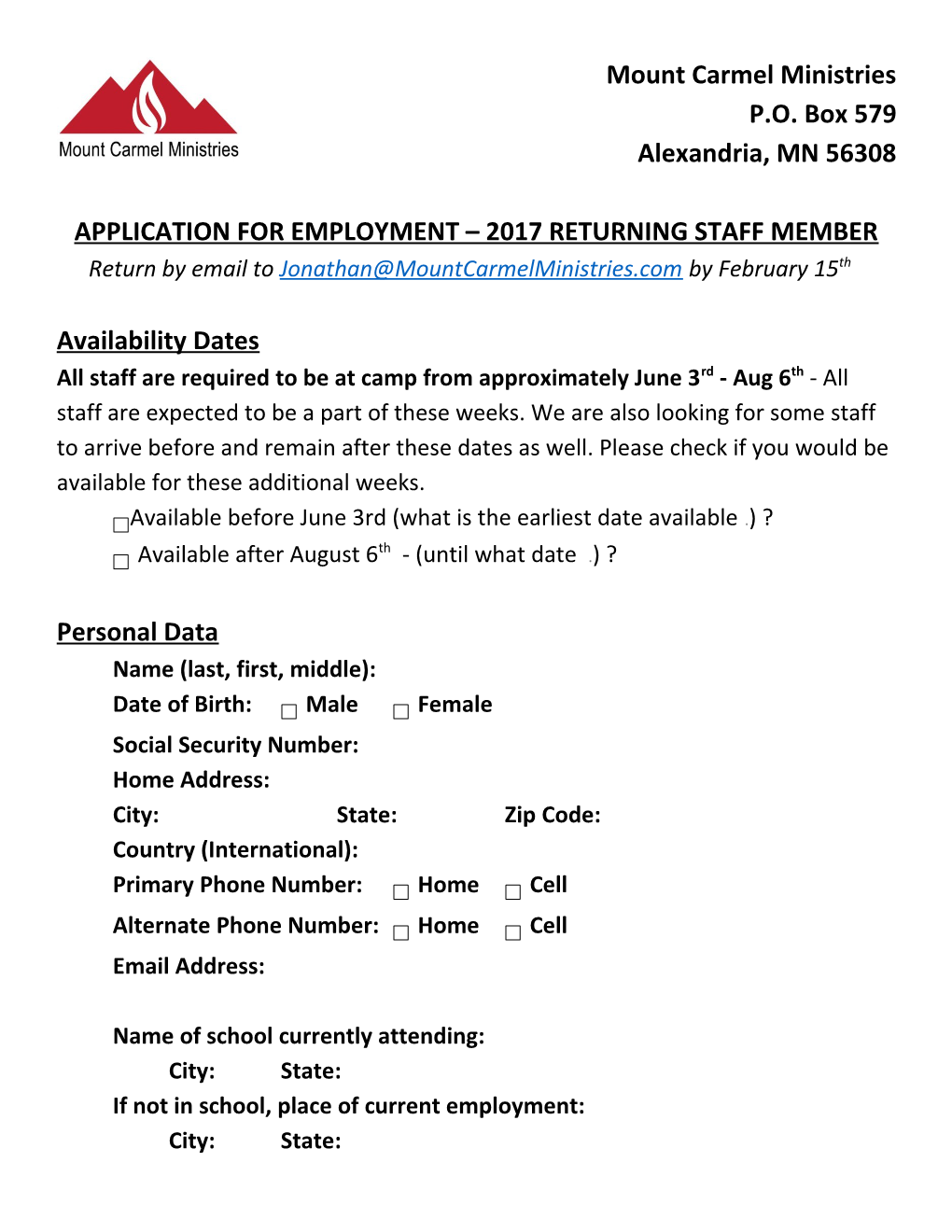 Application for Employment 2017Returning Staff Member
