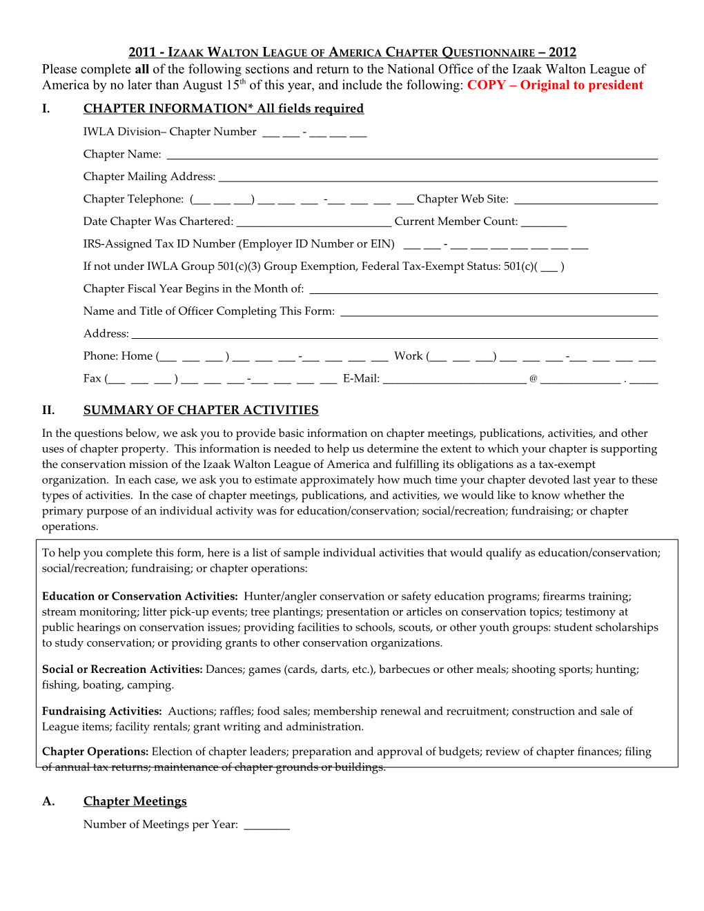 Questionnaire for Application for Group Tax Exempt Status