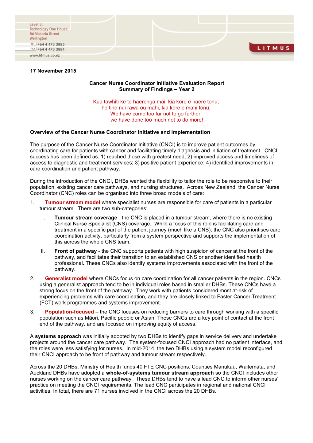 Cancer Nurse Coordinator Initiative Evaluation Report Summary of Findings Year 2