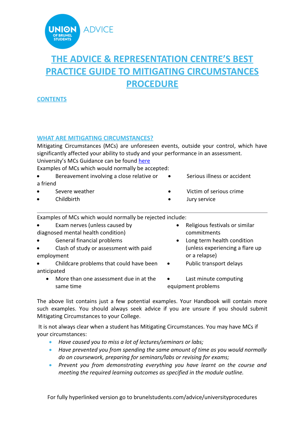 The Advice & Representation Centre S Best Practice Guide to Mitigating Circumstances Procedure