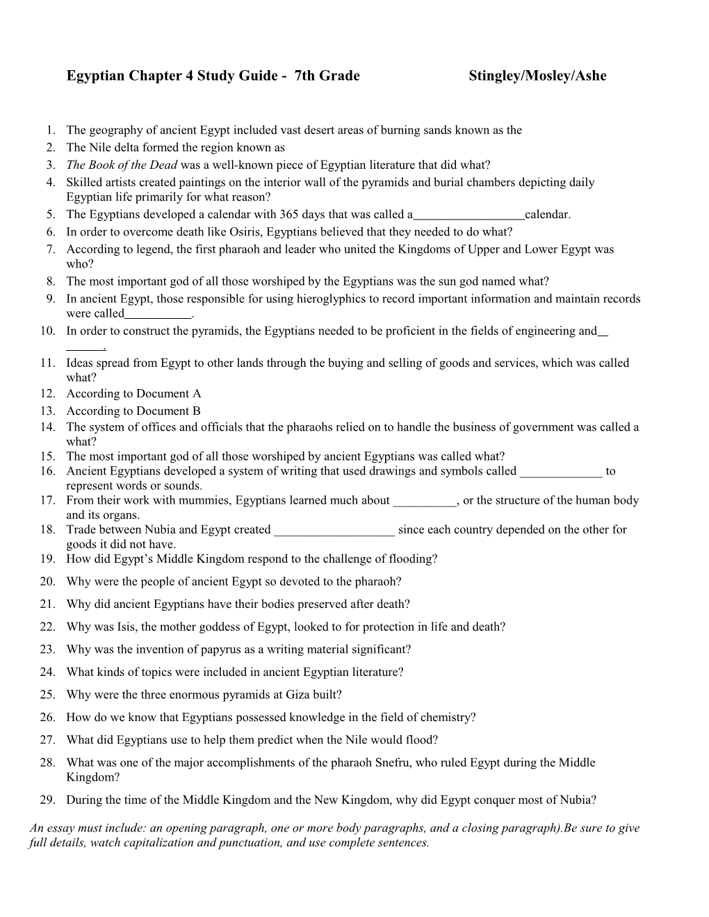 Egyptian Chapter 4 Study Guide- 7Th Grade Stingley/Mosley/Ashe