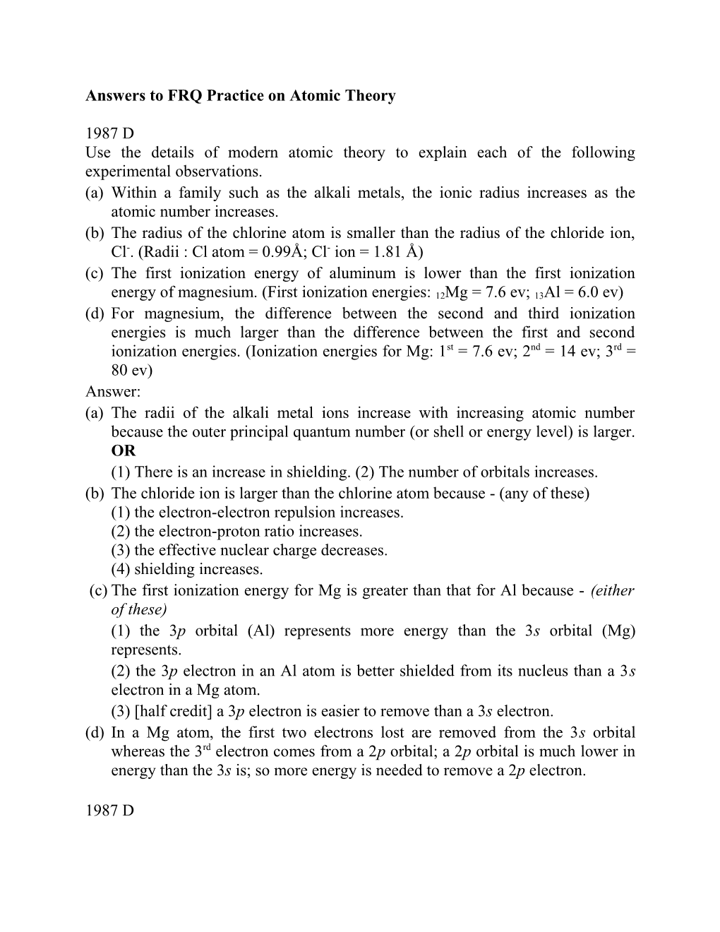 Answers to FRQ Practice on Atomic Theory