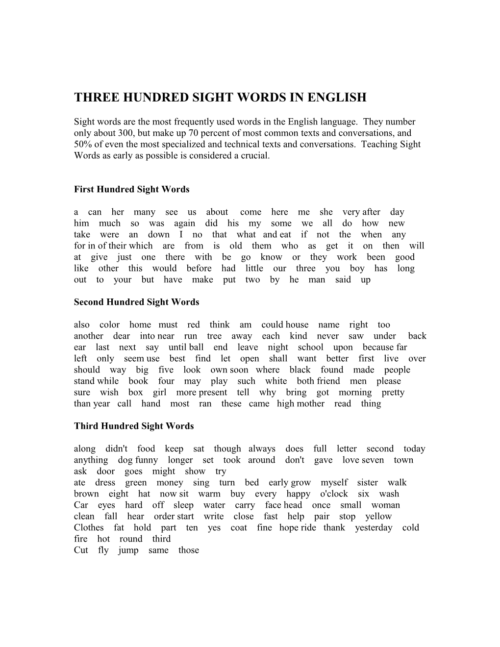 Three Hundred Sight Words in English