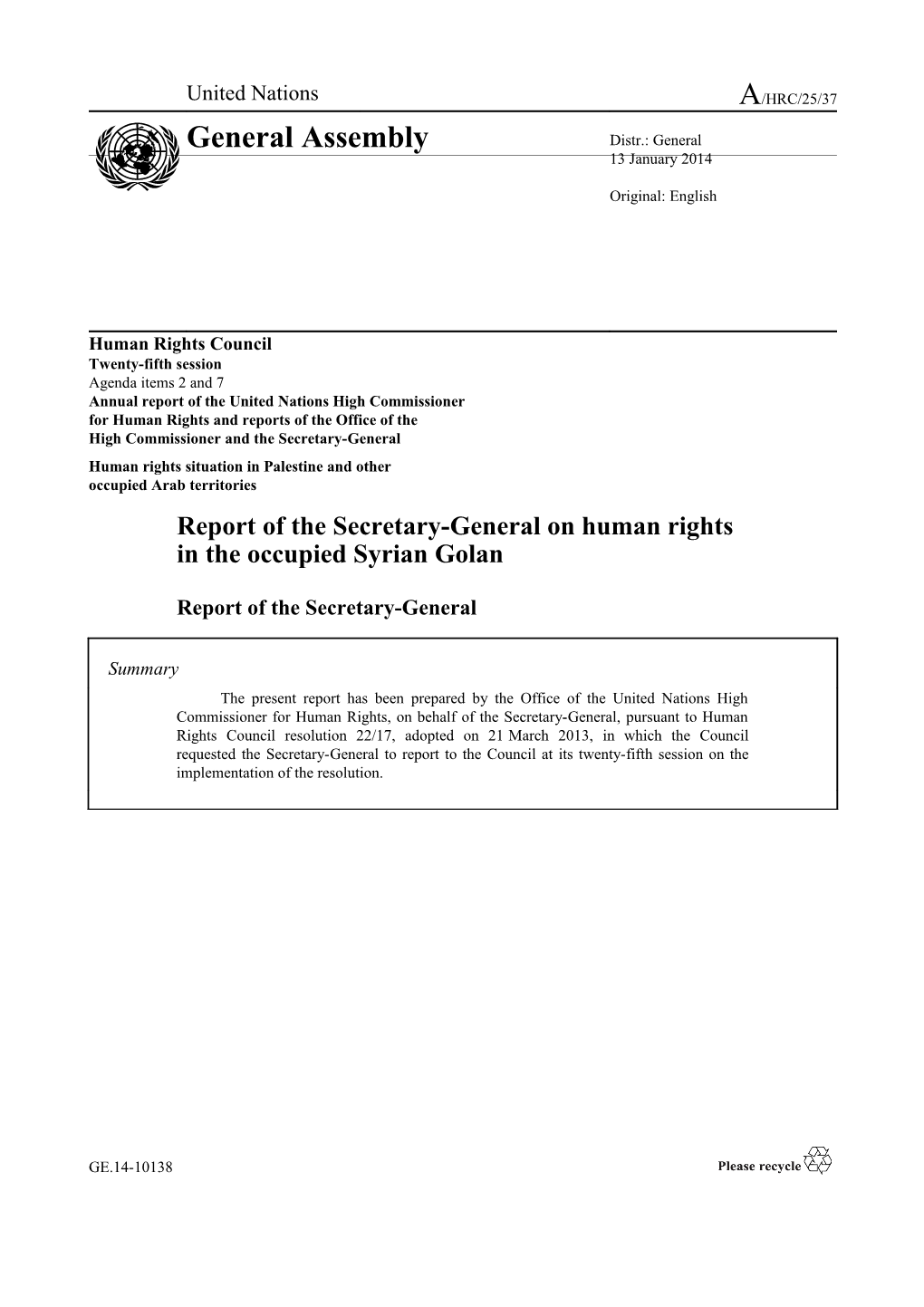 Report of the Secretary-General on Human Rights in the Occupied Syrian Golan in English