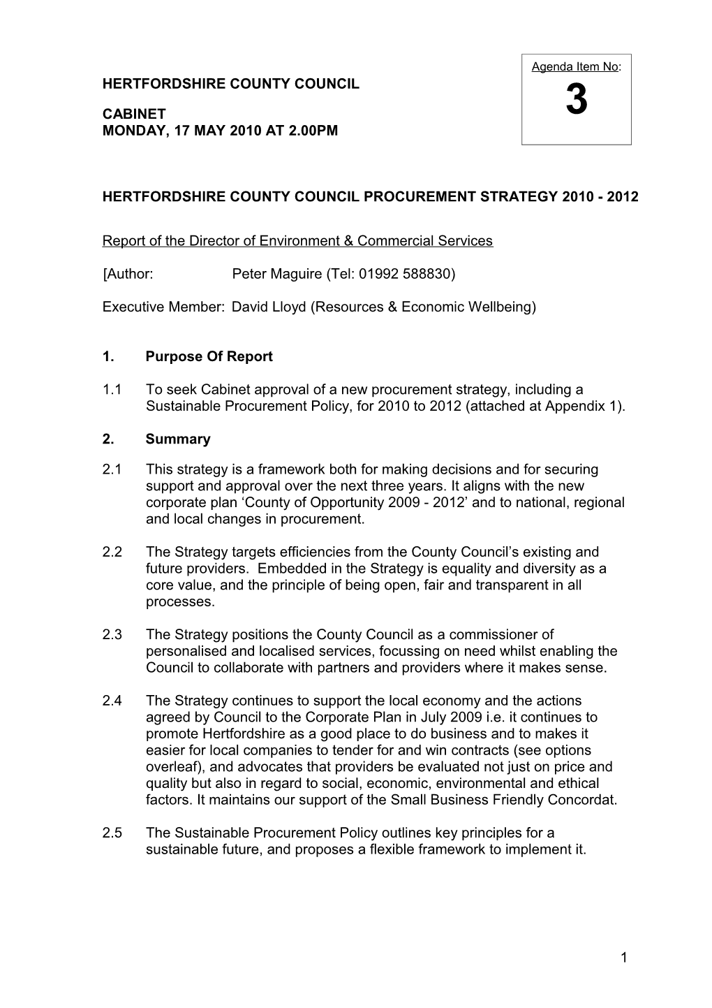 Policy and Resources Cabinet Panel Thursday 13 May 2010 at 2.00Pm Item 3 - Procurement Strategy