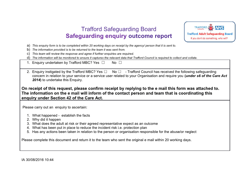 Safeguarding Enquiry Outcome Report