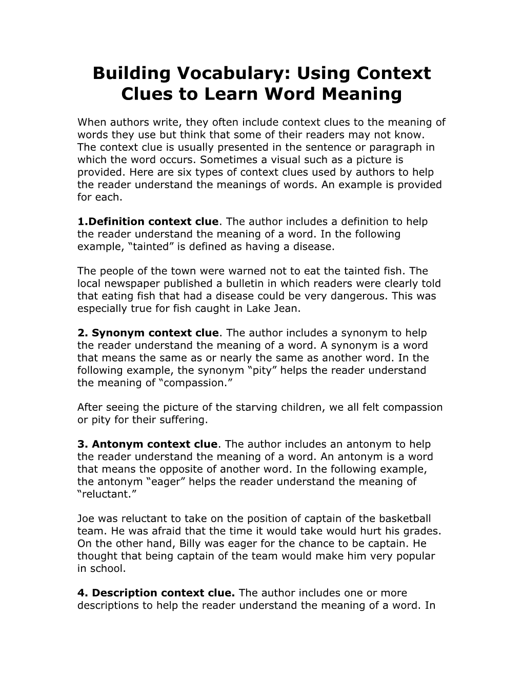 Building Vocabulary: Using Context Clues to Learn Word Meaning