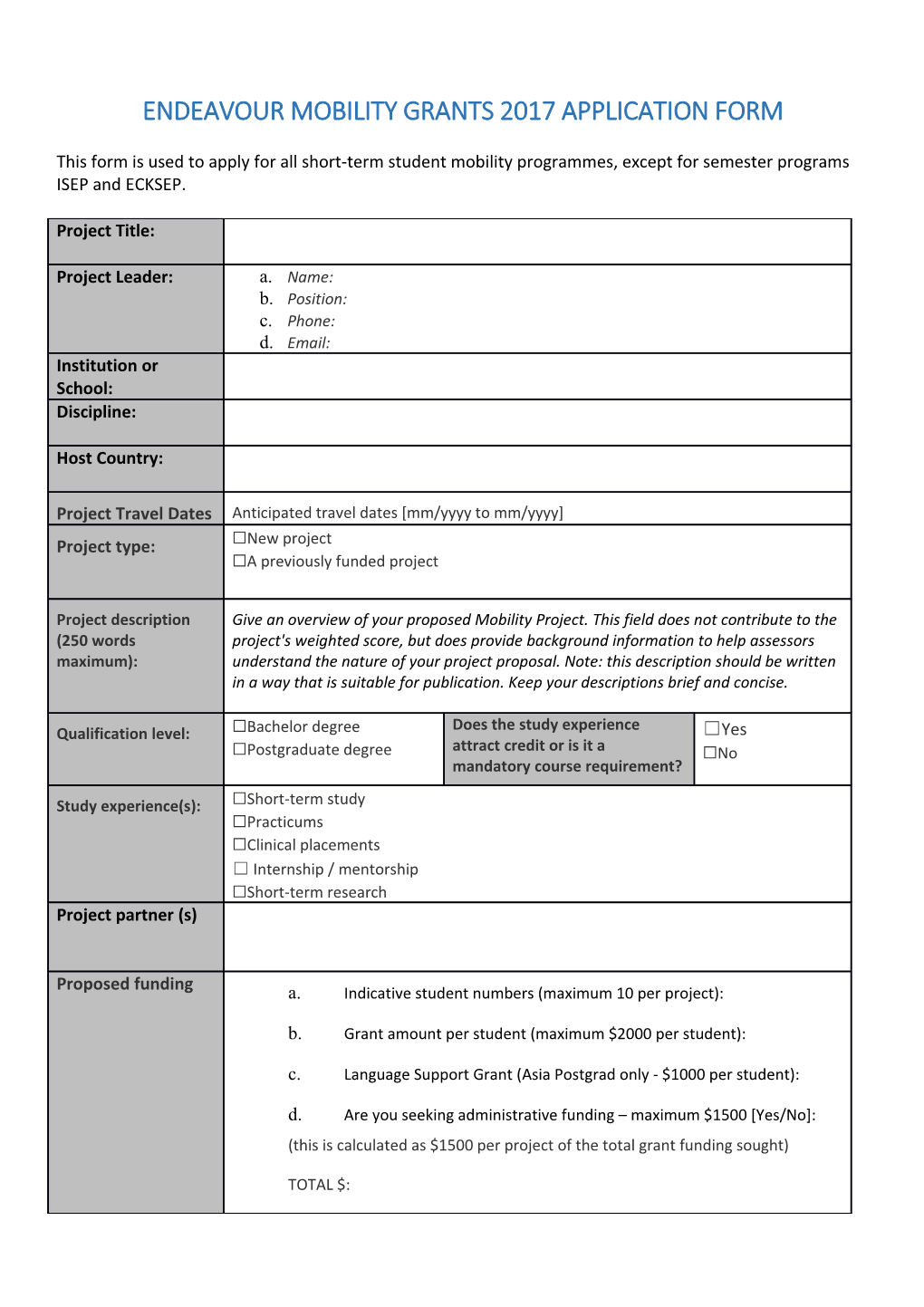 Endeavour Mobility Grants 2017 Application Form