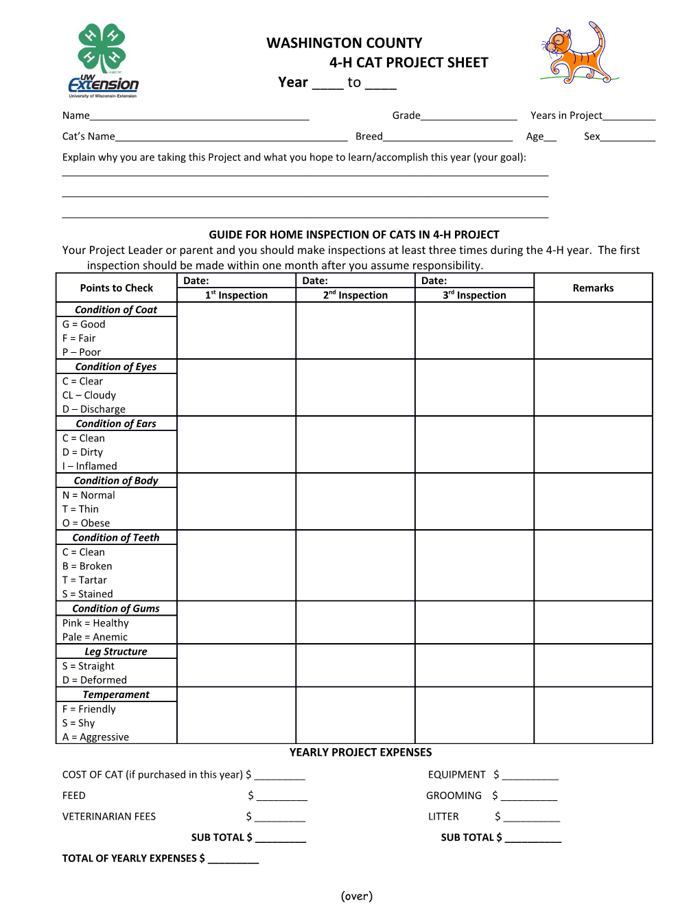 4-H Cat Project Sheet