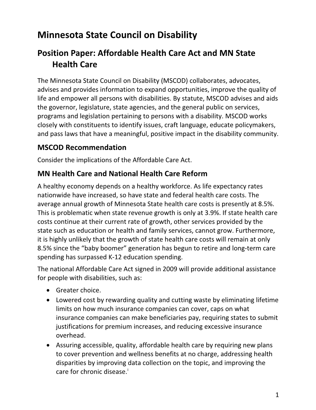 Position Paper: Affordable Health Care Act and MN State Health Care - Feb. 23, 2010