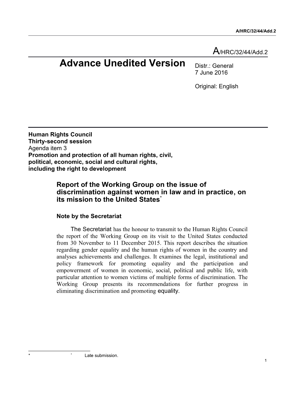 Report of the Special Rapporteur on Report of the Working Group on the Issue of Discrimination