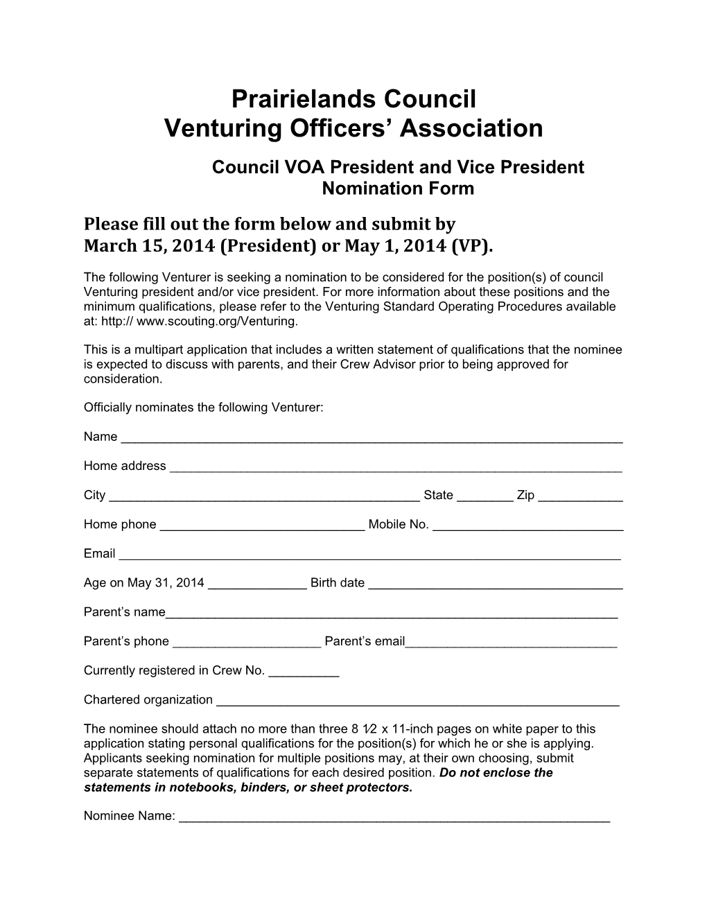 Council VOA President and Vice President Nomination Form