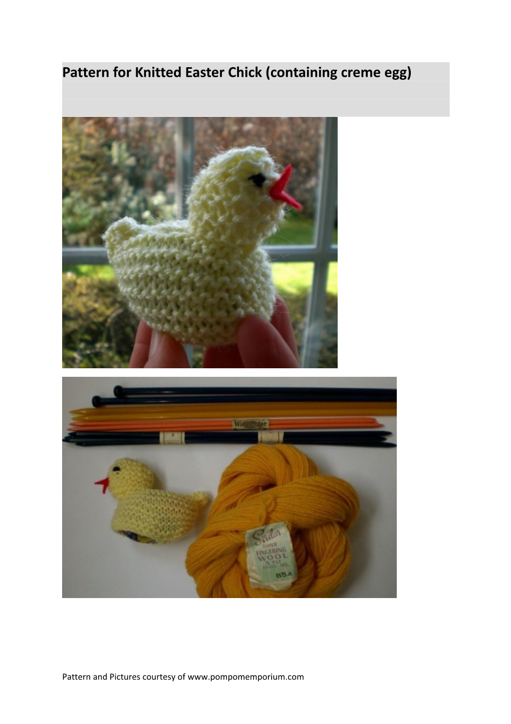 Pattern for Knitted Easter Chick (Containing Creme Egg)