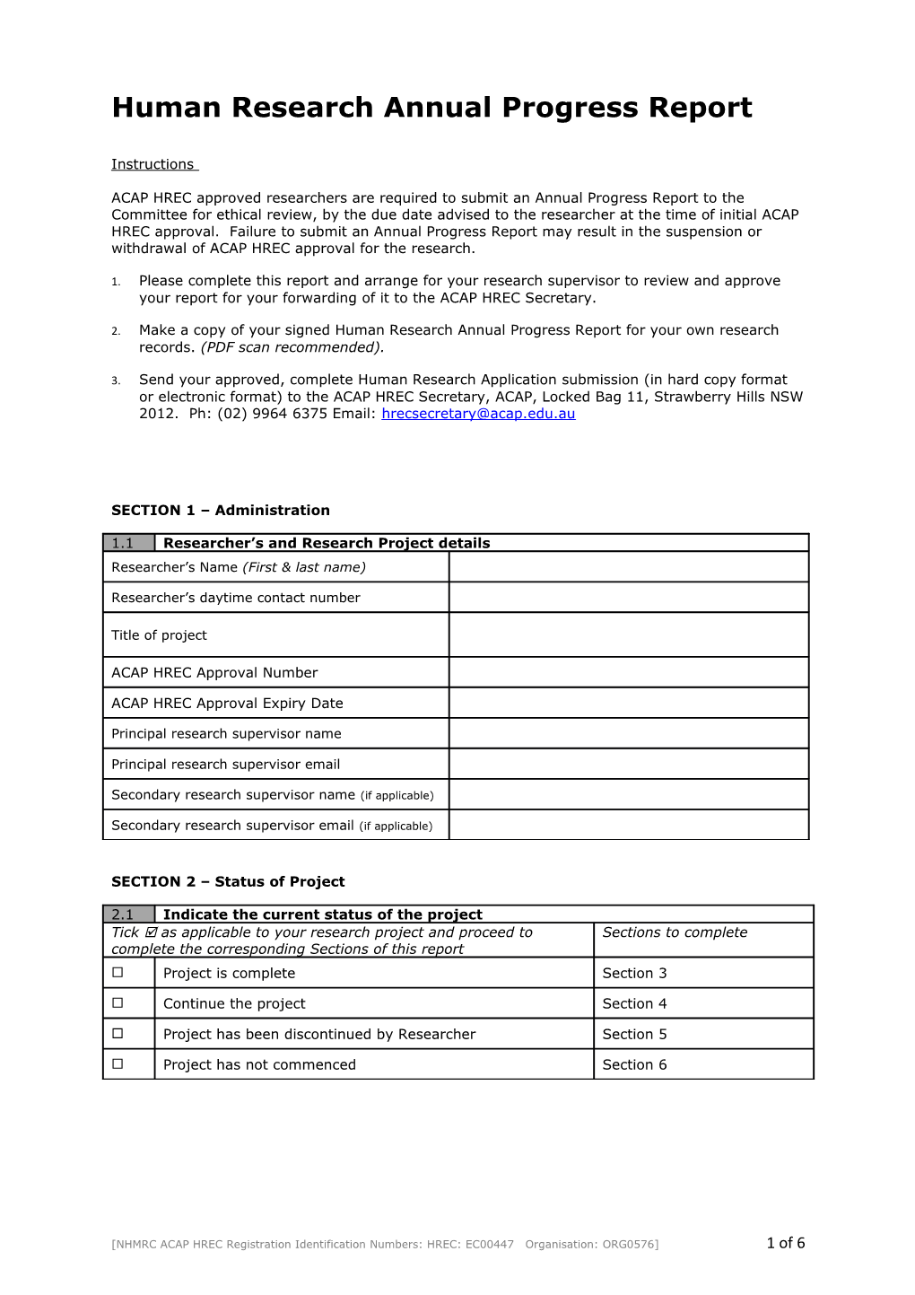 Human Research Annual Progress Report