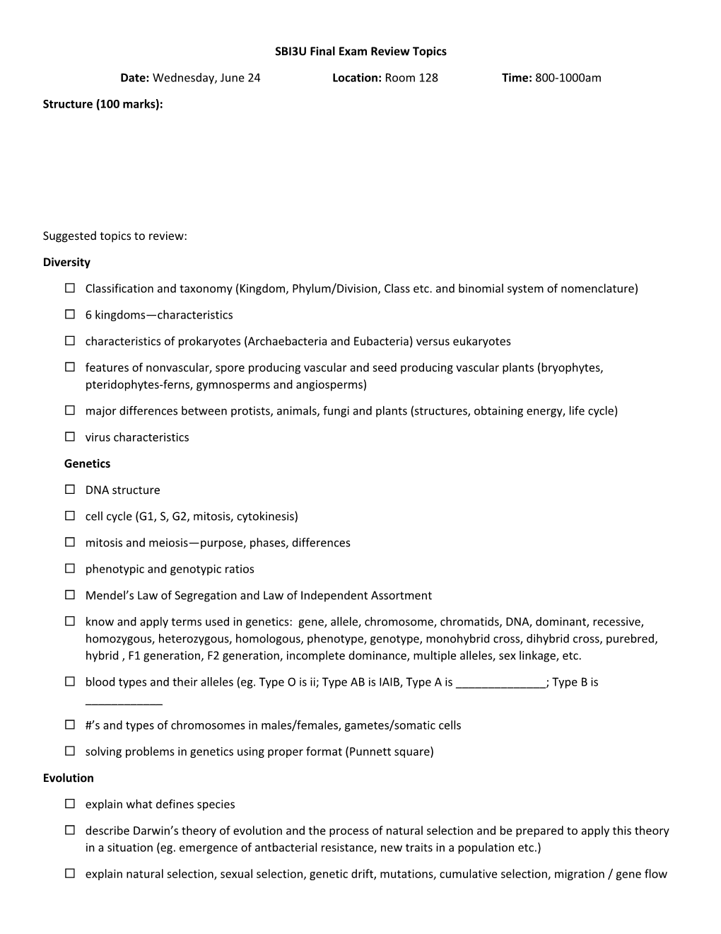 SBI3U Final Exam Review Topics