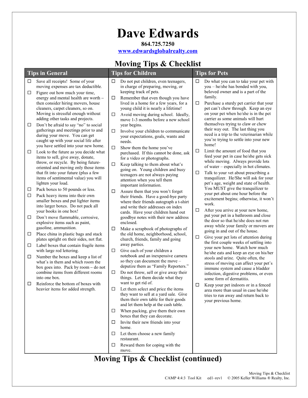Moving Tips Checklist (Continued)