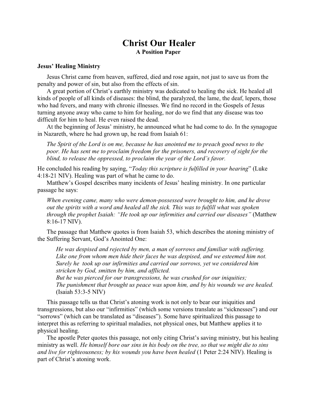 Position Paper: Christ Our Healer