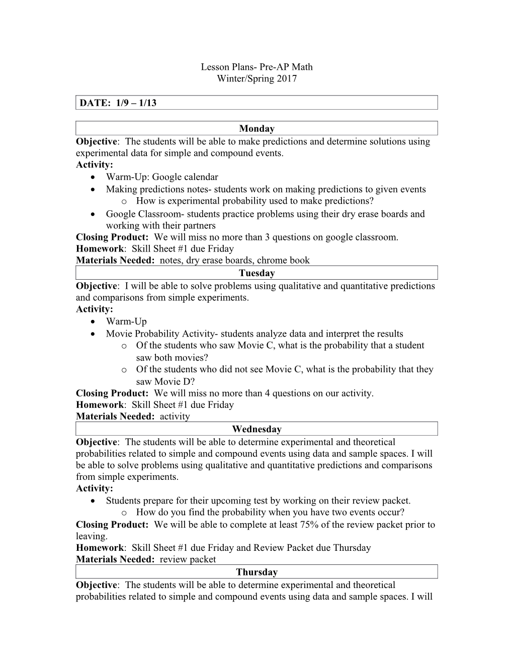 Lesson Plans- Pre-AP Math