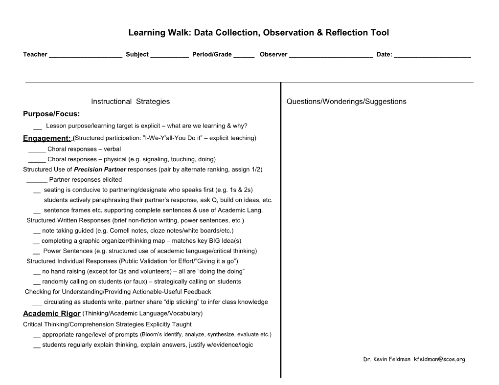 Learning Walk: Data Collection, Observation & Reflection Tool