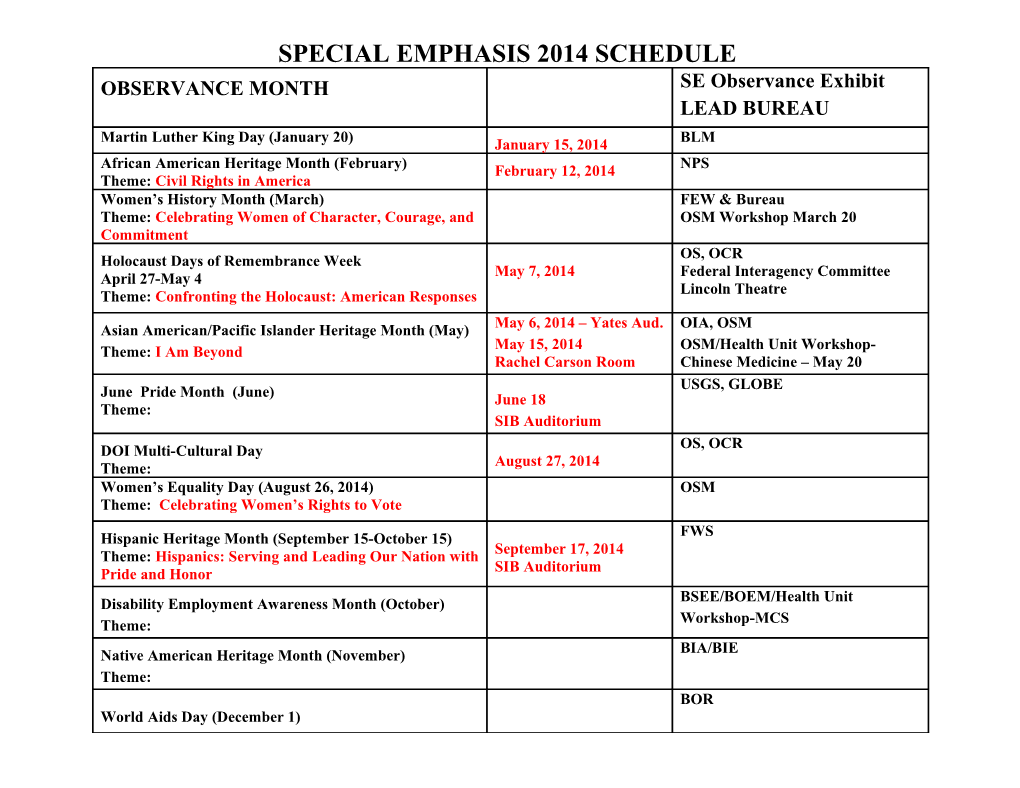 Special Emphasis 2014 Schedule
