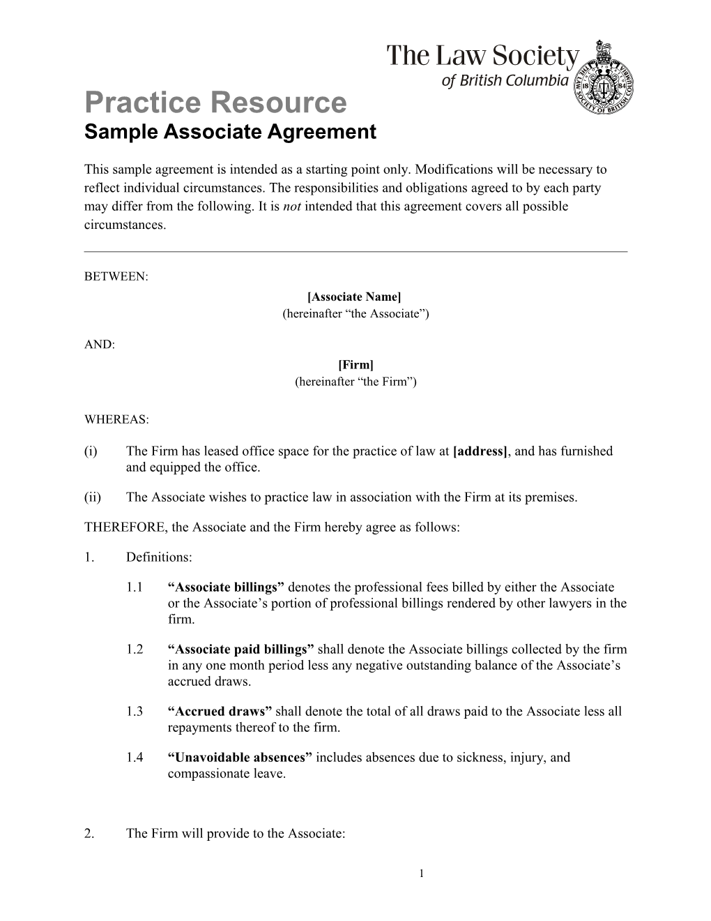 Practice Resource: Sample Associate Agreement