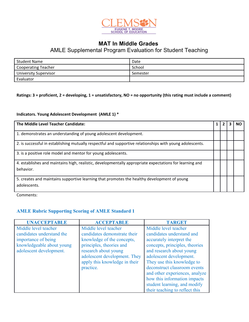 AMLE Supplemental Program Evaluation for Student Teaching