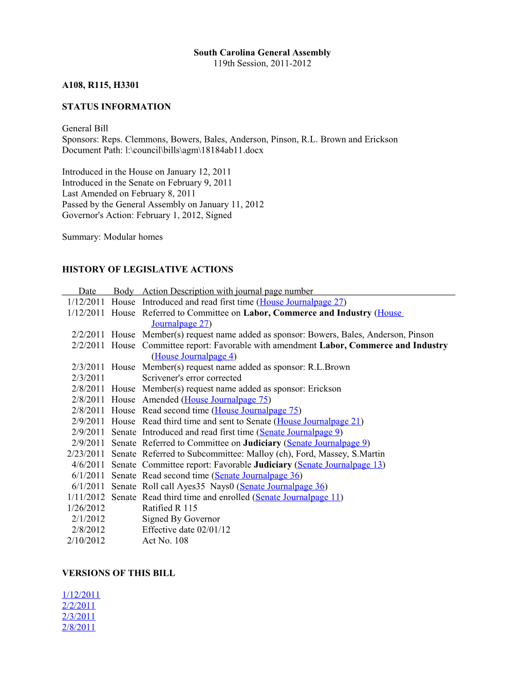 2011-2012 Bill 3301: Modular Homes - South Carolina Legislature Online