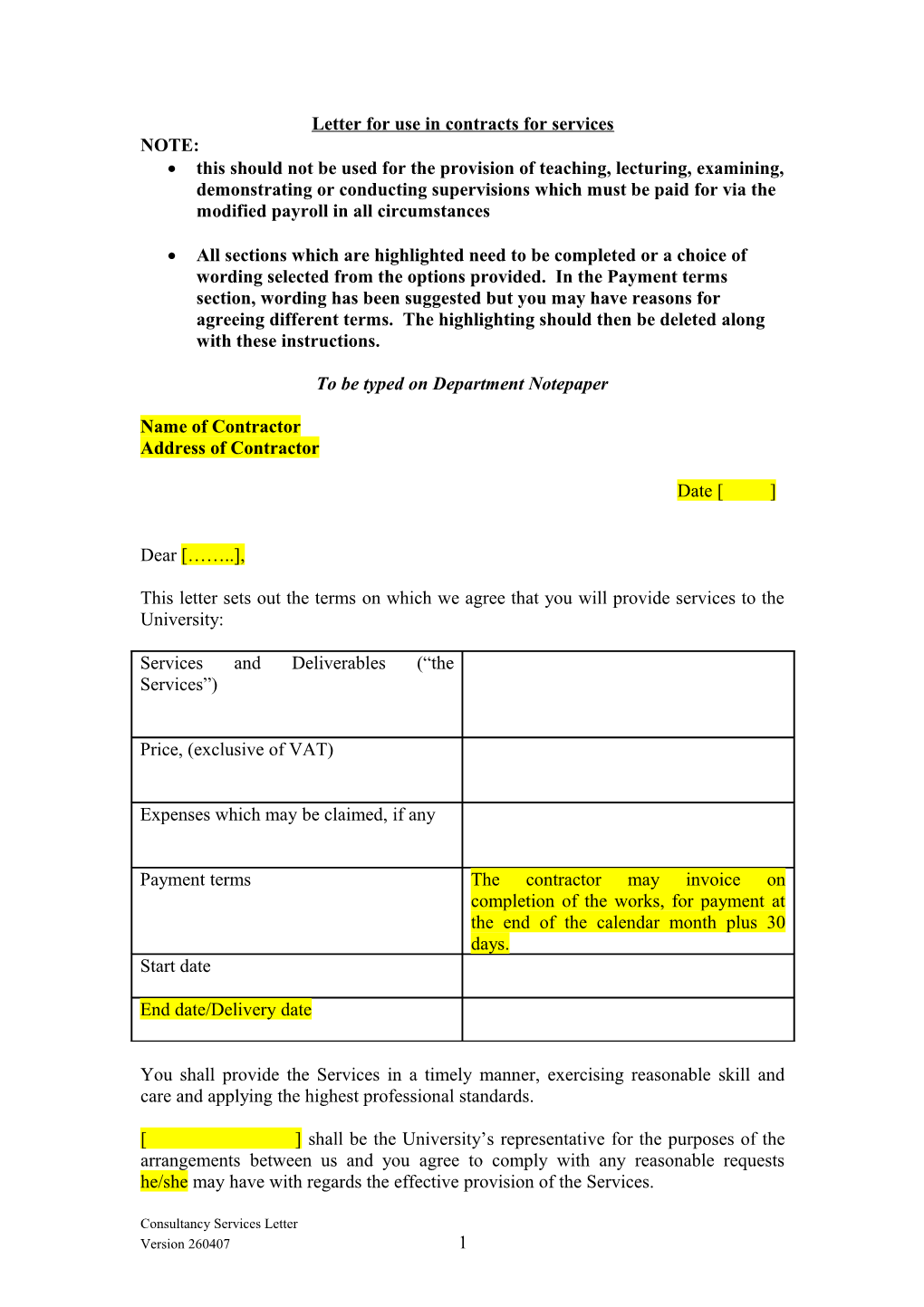 Letter for Use in Contracts for Services for Less Than Pounds 300