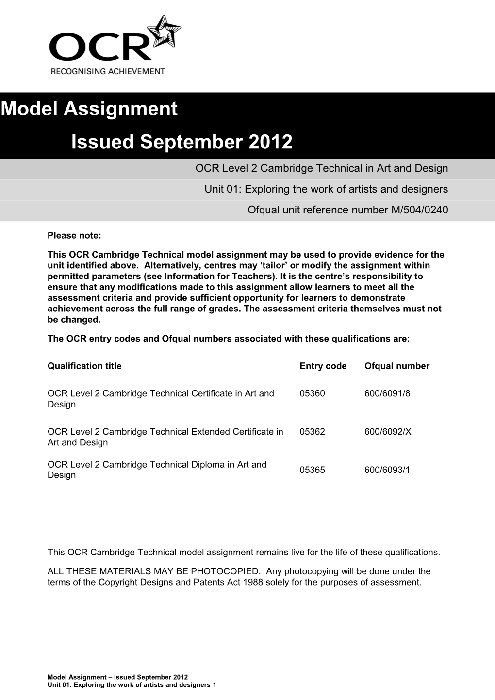 OCR Level 2 Cambridge Technical in Art and Design