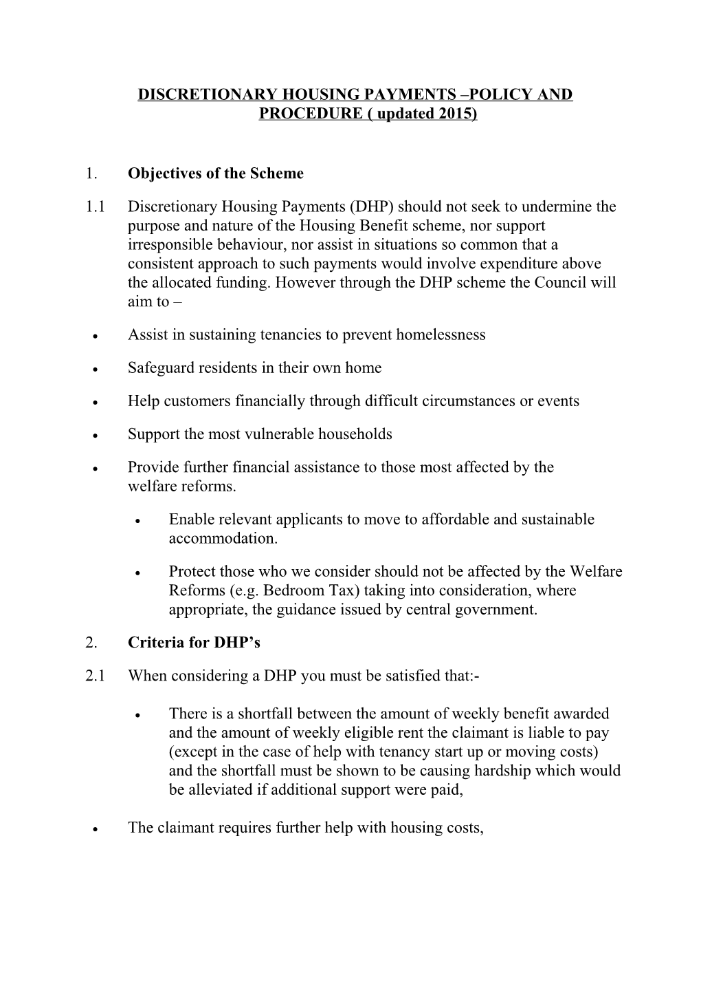 DISCRETIONARY HOUSING PAYMENTS POLICY and PROCEDURE ( Updated 2015)