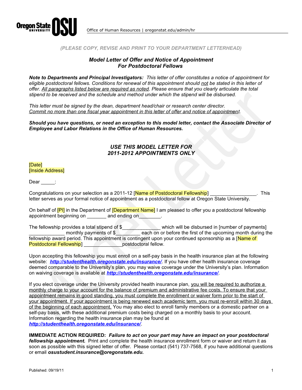 Sample Letter of Offer and Notice of Appointment, New Employee - Non-Tenure Track, Fixed-Term