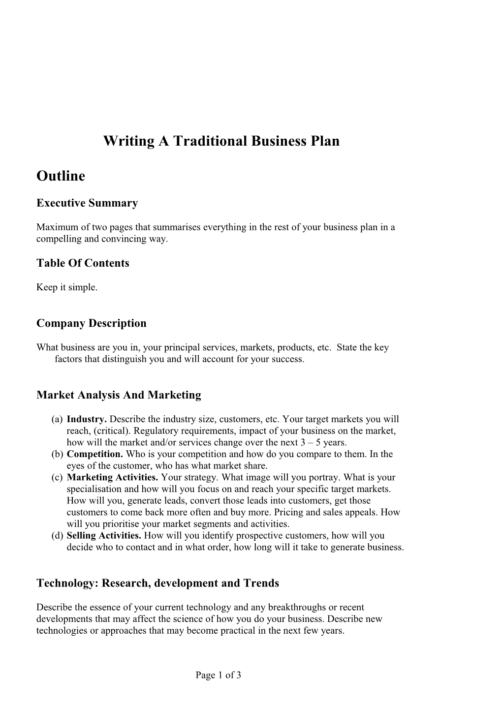 Writing a Traditional Business Plan