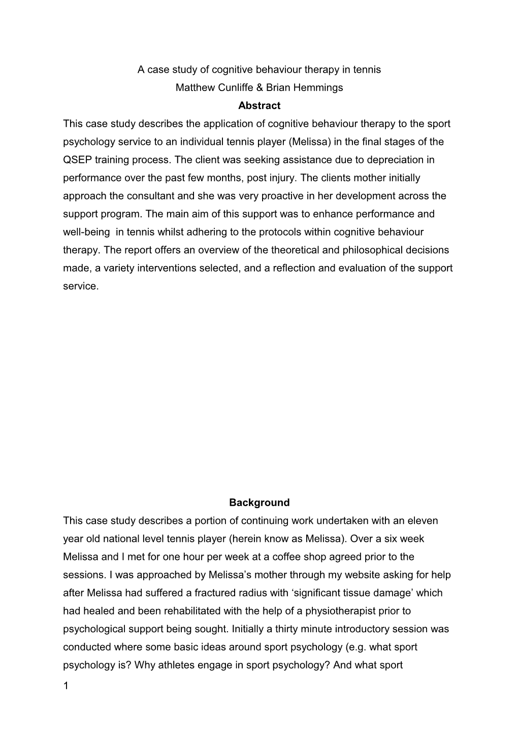 A Case Study of Cognitive Behaviour Therapy in Tennis