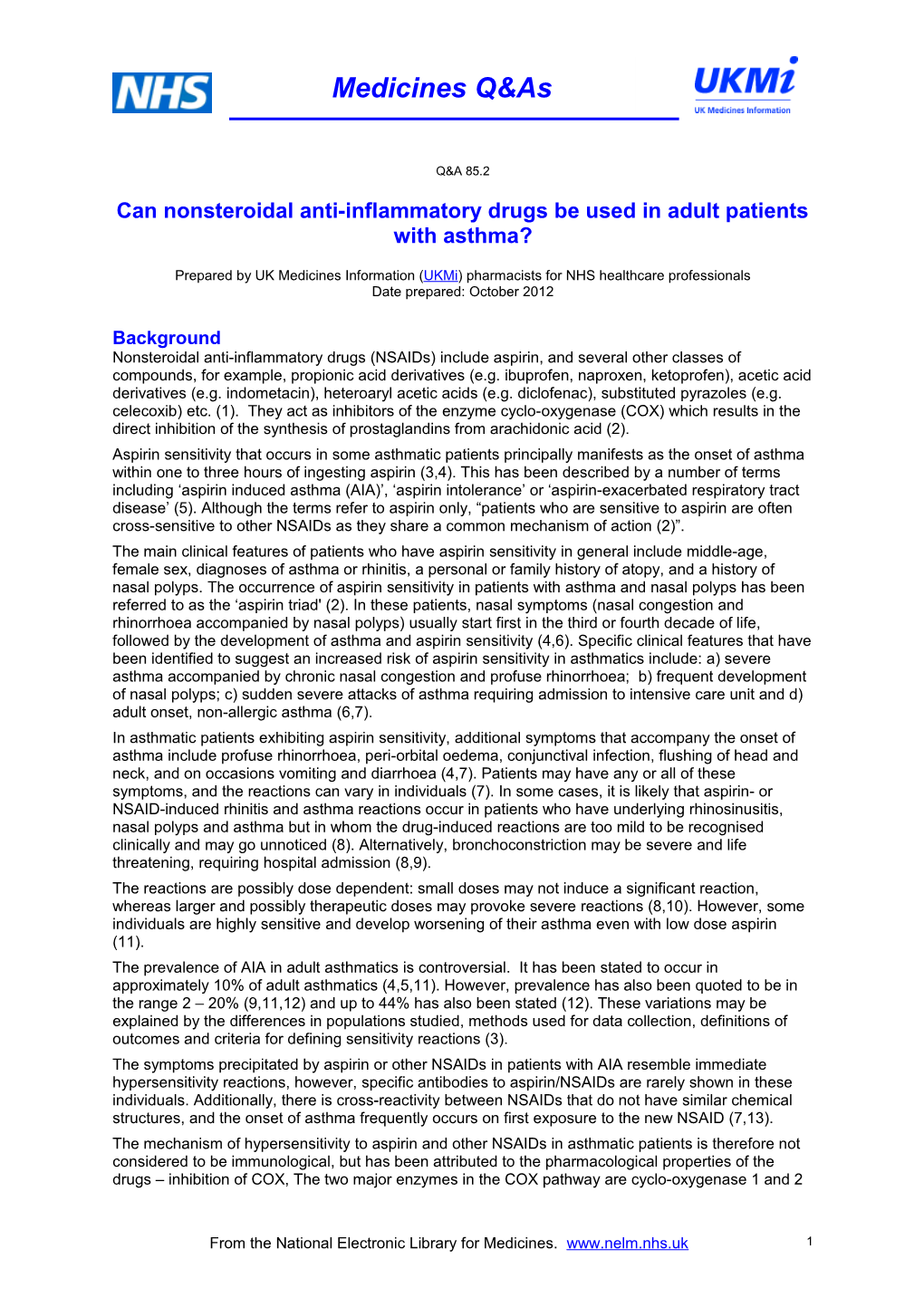 Can Nonsteroidal Anti-Inflammatory Drugs Be Used in Adult Patients with Asthma?