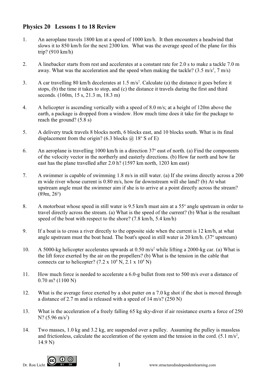 Physics 20 Lessons 1 to 18 Review