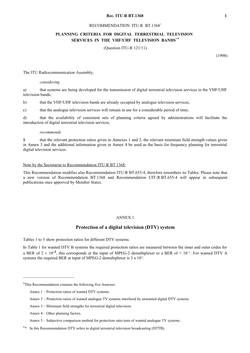 BT.1368 - Planning Criteria for Digital Terrestrial Television Services in the VHF/UHF