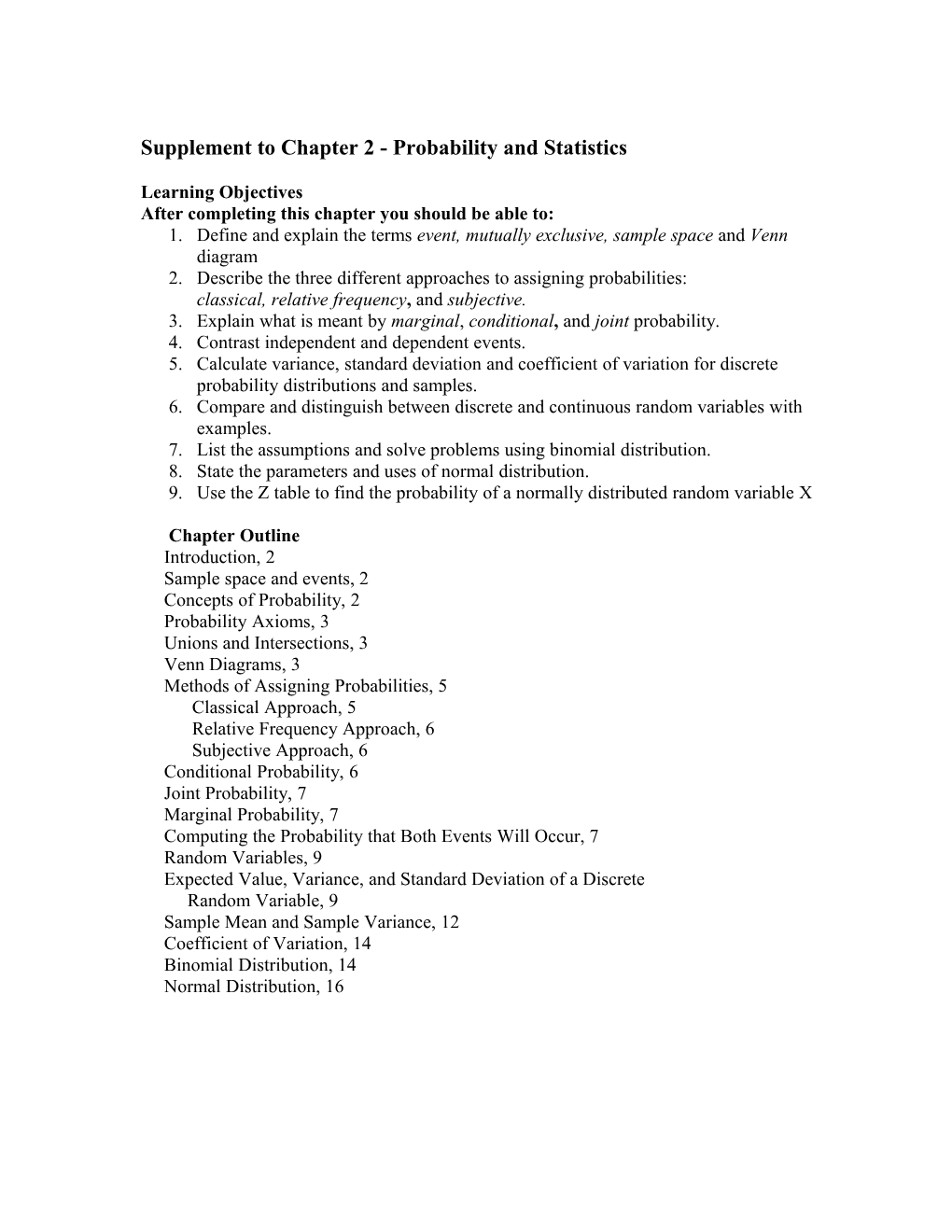 Supplement to Chapter 2 - Probability and Statistics