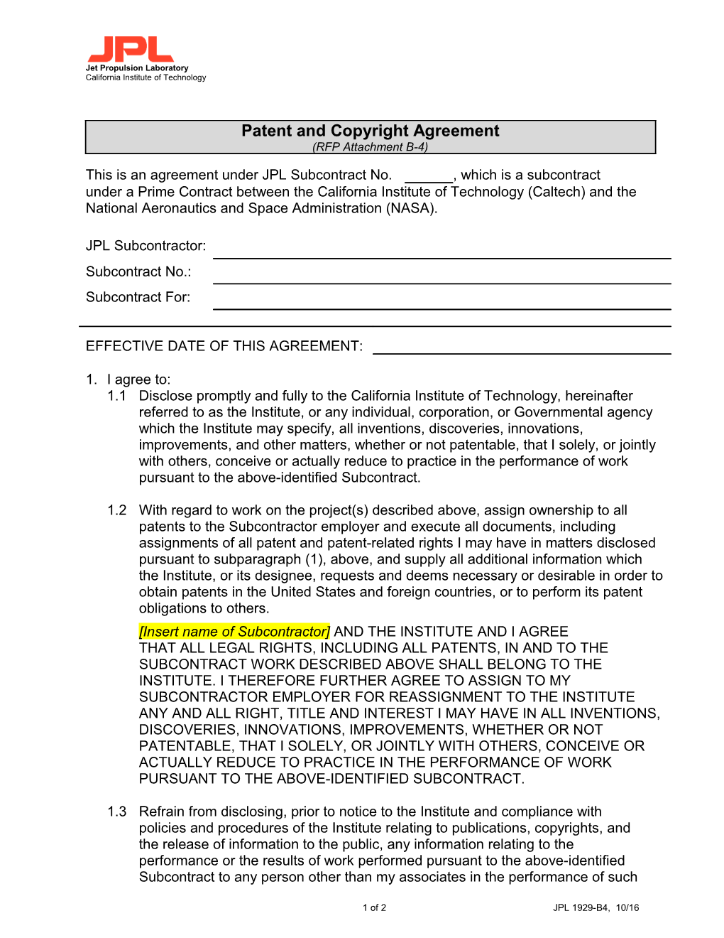 JPL 1929: Patent and Copyright Agreement