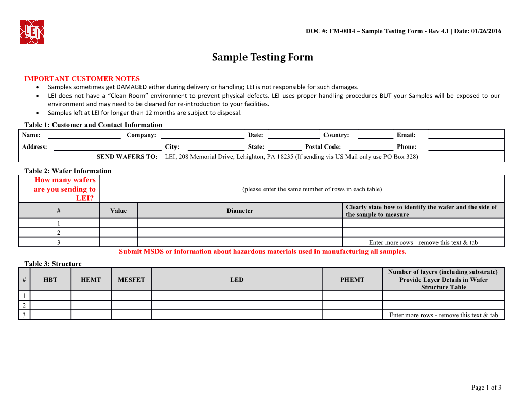 DOC #: FM-0014 Sample Testing Form - Rev 4.1 Date: 01/26/2016