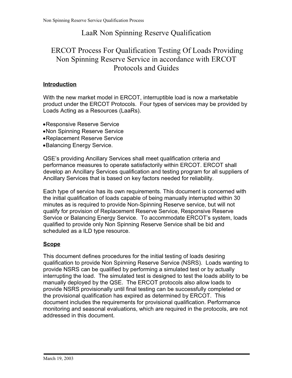 DRAFT ERCOT Process for Initial Testing of High Set Interruptible Load in Accordance With