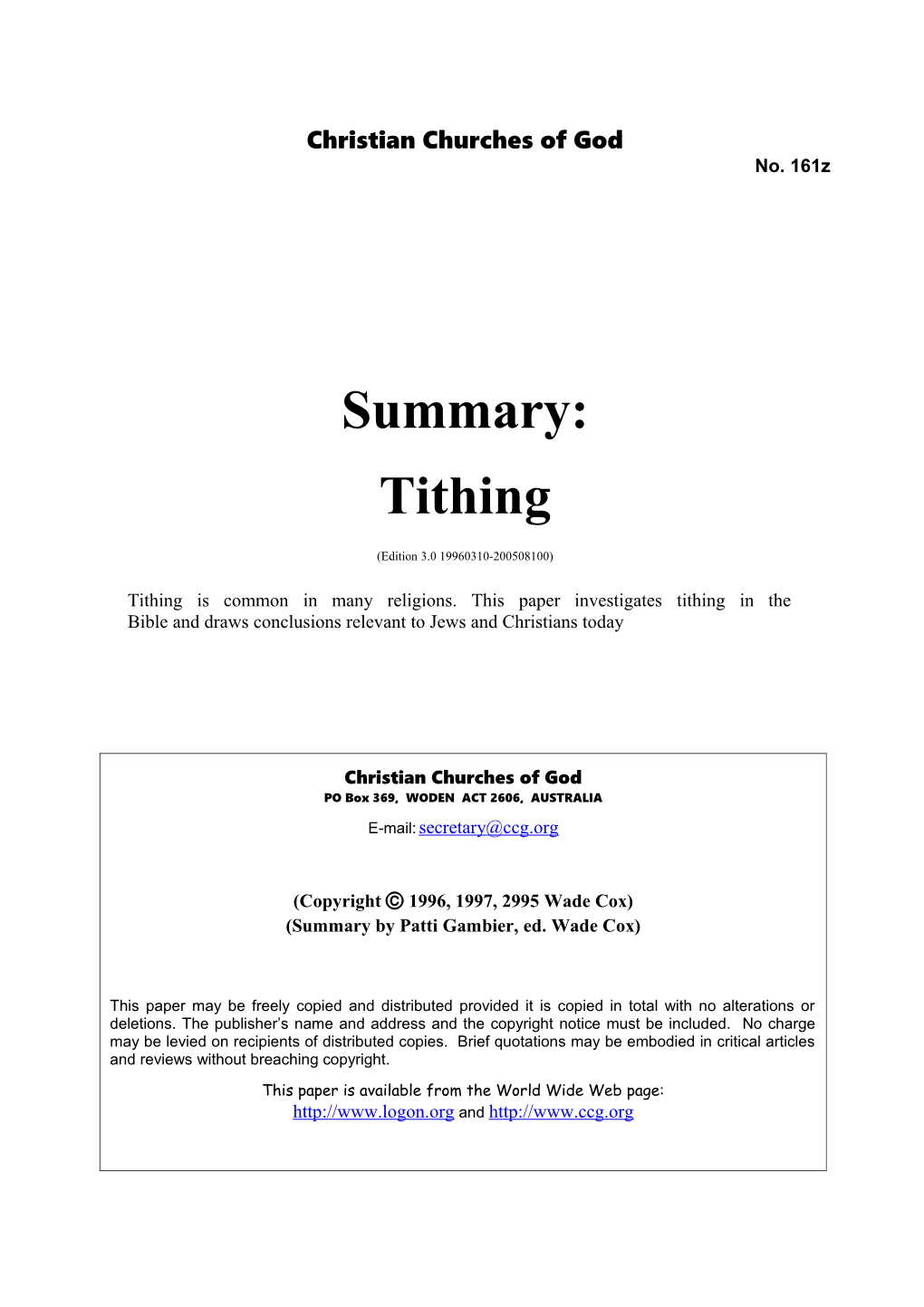 Summary: Tithing (No. 161Z)